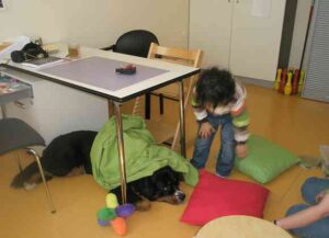 Der Junge baut für Fithe ein Bett zum Schlafen.